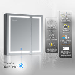 DECADOM LED Mirror Medicine Cabinet Recessed or Surface, Dimmer, Clock, Room Temp Display, Dual Outlets Duna 30x32
