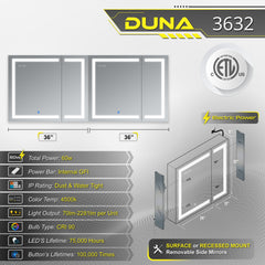 DECADOM LED Mirror Medicine Cabinet Recessed or Surface, Dimmer, Clock, Room Temp Display, Dual Outlets Duna 36x32
