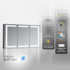 DECADOM LED Mirror Medicine Cabinet Recessed or Surface, Dimmer, Clock, Room Temp Display, Dual Outlets Duna 48x32