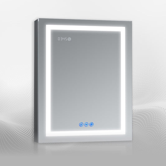 DECADOM LED Mirror Medicine Cabinet Recessed or Surface, Defogger, Dimmer, Clock, Room Temp Display, Makeup Mirror 3X, Outlets & USBs RUBiNi 24x32L