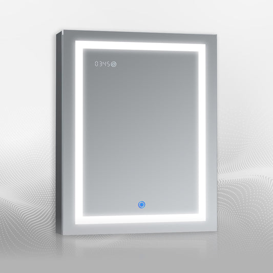 DECADOM LED Mirror Medicine Cabinet Recessed or Surface, Dimmer, Clock, Room Temp Display, Dual Outlets Duna 24x32L