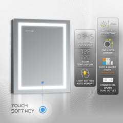 DECADOM LED Mirror Medicine Cabinet Recessed or Surface, Dimmer, Clock, Room Temp Display, Dual Outlets Duna 24x32 LT