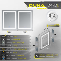 DECADOM LED Mirror Medicine Cabinet Recessed or Surface, Dimmer, Clock, Room Temp Display, Dual Outlets Duna 24x32 LT