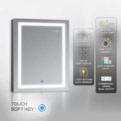 DECADOM LED Mirror Medicine Cabinet Recessed or Surface, Dimmer, Clock, Room Temp Display, Dual Outlets Duna 24x32 RT