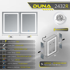 DECADOM LED Mirror Medicine Cabinet Recessed or Surface, Dimmer, Clock, Room Temp Display, Dual Outlets Duna 24x32R