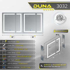 DECADOM LED Mirror Medicine Cabinet Recessed or Surface, Dimmer, Clock, Room Temp Display, Dual Outlets Duna 30x32