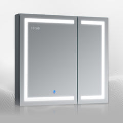 DECADOM LED Mirror Medicine Cabinet Recessed or Surface, Dimmer, Clock, Room Temp Display, Dual Outlets Duna 36x32