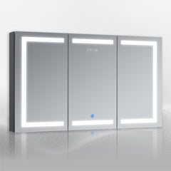 DECADOM LED Mirror Medicine Cabinet Recessed or Surface, Dimmer, Clock, Room Temp Display, Dual Outlets Duna 48x32