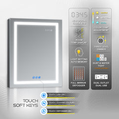 DECADOM LED Mirror Medicine Cabinet Recessed or Surface, Defogger, Dimmer, Clock, Room Temp Display, Makeup Mirror 3X, Outlets & USBs RUBiNi 24x32R