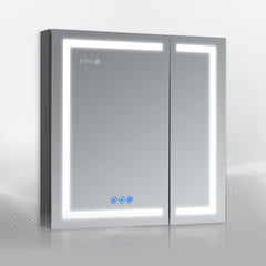 DECADOM LED Mirror Medicine Cabinet Recessed or Surface, Defogger, Dimmer, Clock, Room Temp Display, Makeup Mirror 3X, Outlets & USBs RUBiNi 30x32″