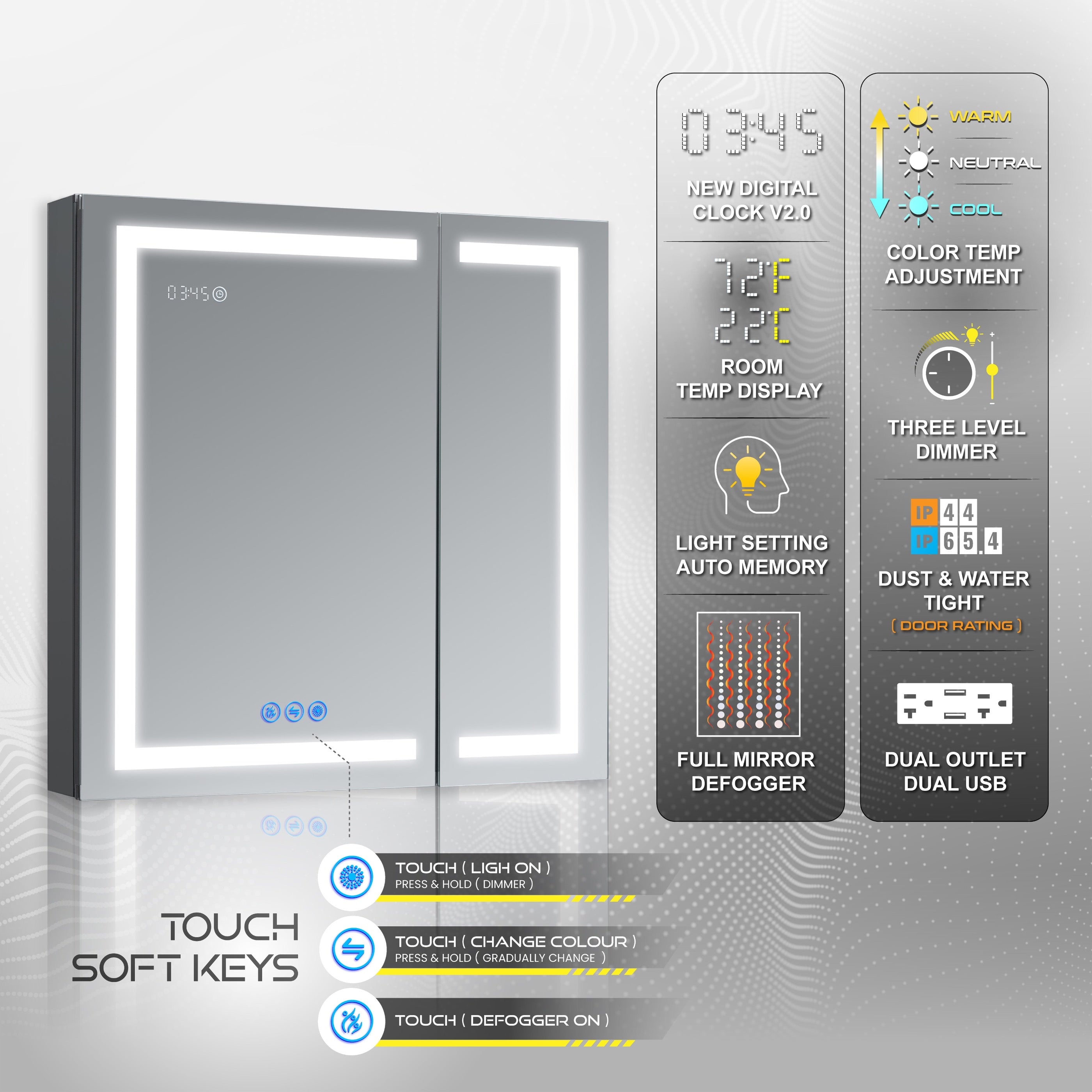 DECADOM LED Mirror Medicine Cabinet Recessed or Surface, Defogger, Dimmer, Clock, Room Temp Display, Makeup Mirror 3X, Outlets & USBs RUBiNi 30x32