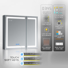 DECADOM LED Mirror Medicine Cabinet Recessed or Surface, Defogger, Dimmer, Clock, Room Temp Display, Makeup Mirror 3X, Outlets & USBs RUBiNi 36x32